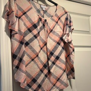 Liz Claiborne Coral and Navy Plaid Blouse